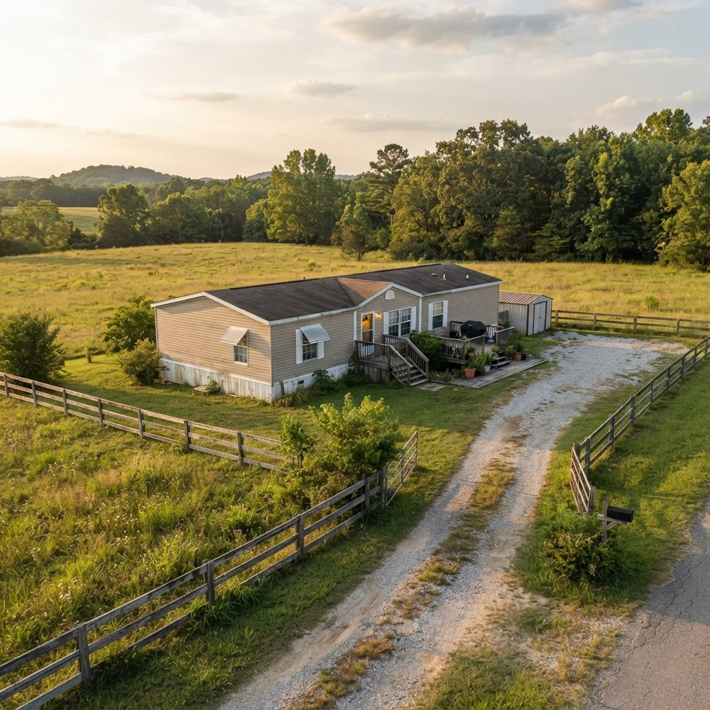 A double-wide manufactured home on private land available to sell for cash