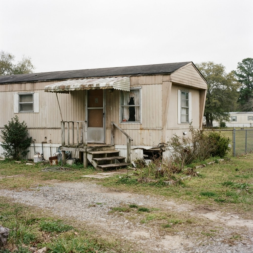 An older single-wide mobile home that needs repairs, bought as-is for cash